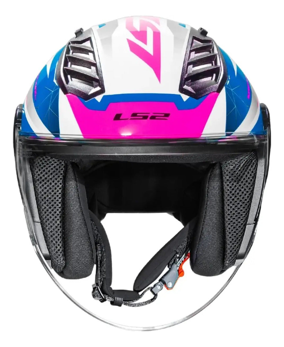 Capacete Ls2 Airflow 2 Draze Branco Azul Rosa Feminino Abert
