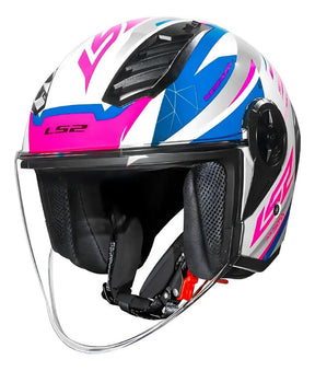 Capacete Ls2 Airflow 2 Draze Branco Azul Rosa Feminino Abert